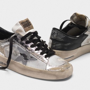 Men Golden Goose GGDB Stardan Ltd In Laminated Silver With Floral Design Sneakers
