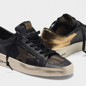 Men Golden Goose GGDB Stardan In Black And Gold Leather With Mesh Inserts Sneakers