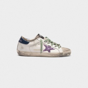 Men Golden Goose GGDB Superstar In Leather With Glittery Star Blue Sneakers