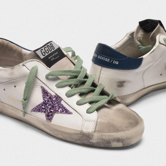 Men Golden Goose GGDB Superstar In Leather With Glittery Star Blue ...