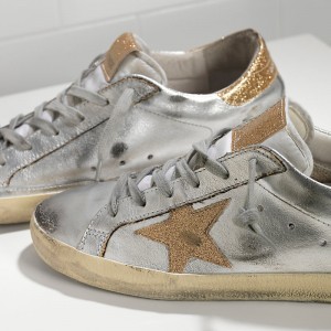 Men Golden Goose GGDB Superstar In Leather With Leather Star Silver Gold Sneakers