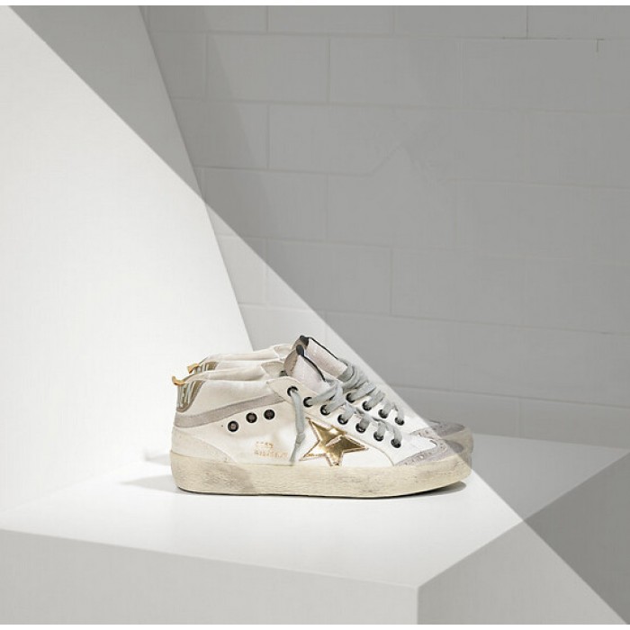 Women Golden Goose GGDB Mid Star In Leather Star White Military Gold Sneakers