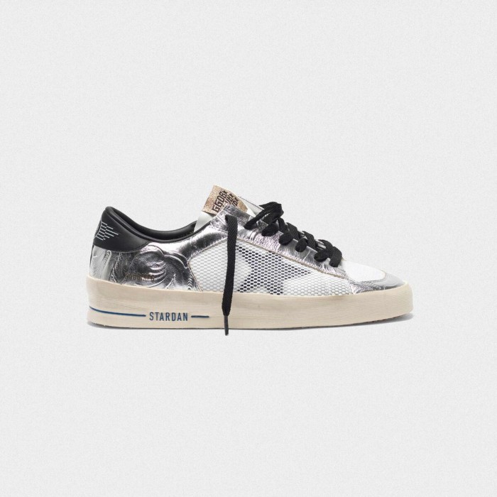 Women Golden Goose GGDB Stardan In Laminated Silver With Floral Design Relief Sneakers