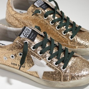 Women Golden Goose GGDB Superstar In Gold Glitter Emerald Sneakers
