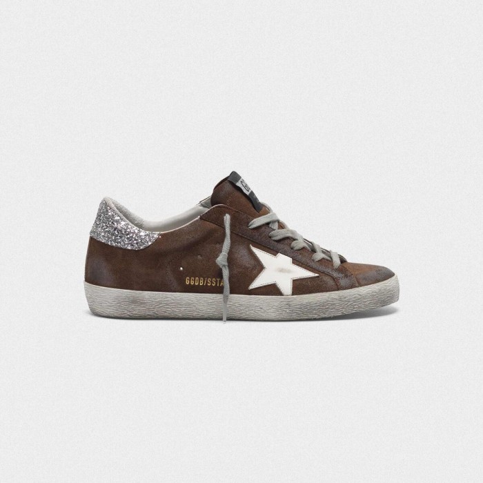 Women Golden Goose GGDB Suede Superstar With Glittery In Brown Sneakers
