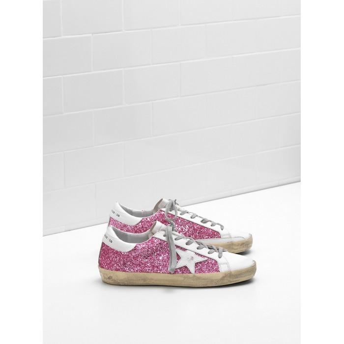 Women Golden Goose GGDB Superstar Flag Ltd Fabric Eyelets In Natural Rose Red Sneakers
