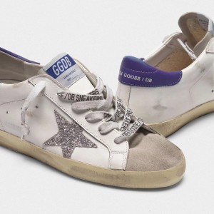 Women Golden Goose GGDB Superstar In Leather With Glittery Star Purple Sneakers
