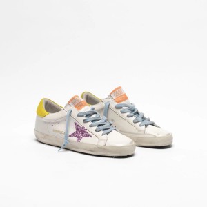 Women Golden Goose GGDB Superstar With Pink Glittery Star And Yellow Sneakers